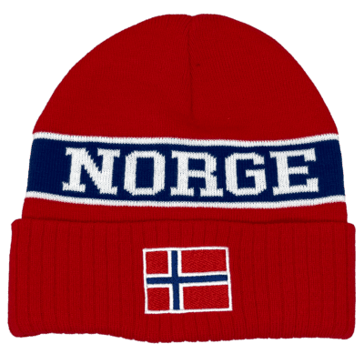 Lue med norgedesign | Varm og komfortabel strikkelue i rødt, hvitt og blått